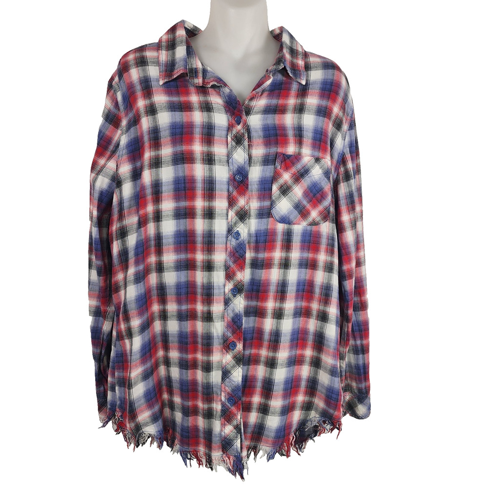 Beachlunchlounge Womens Flannel Shirt Cotton Fringe Hem Button Large Red Navy